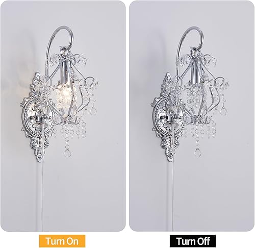 Miniatura 5 de Silver Crystal Vintage Plug in Wall Sconces Set of 2 Indoor Wall Light Fixture, Modern Wall Mount Lamp Light for Bedroom Living Room Bathroom Vanity