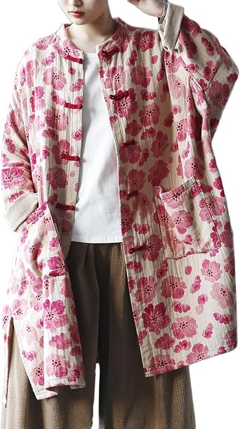 Ystylee Womens Trench Coat Flower Printed Boho Kimono Jacket Handmade Frog Buttons Loose Oversized Outwear