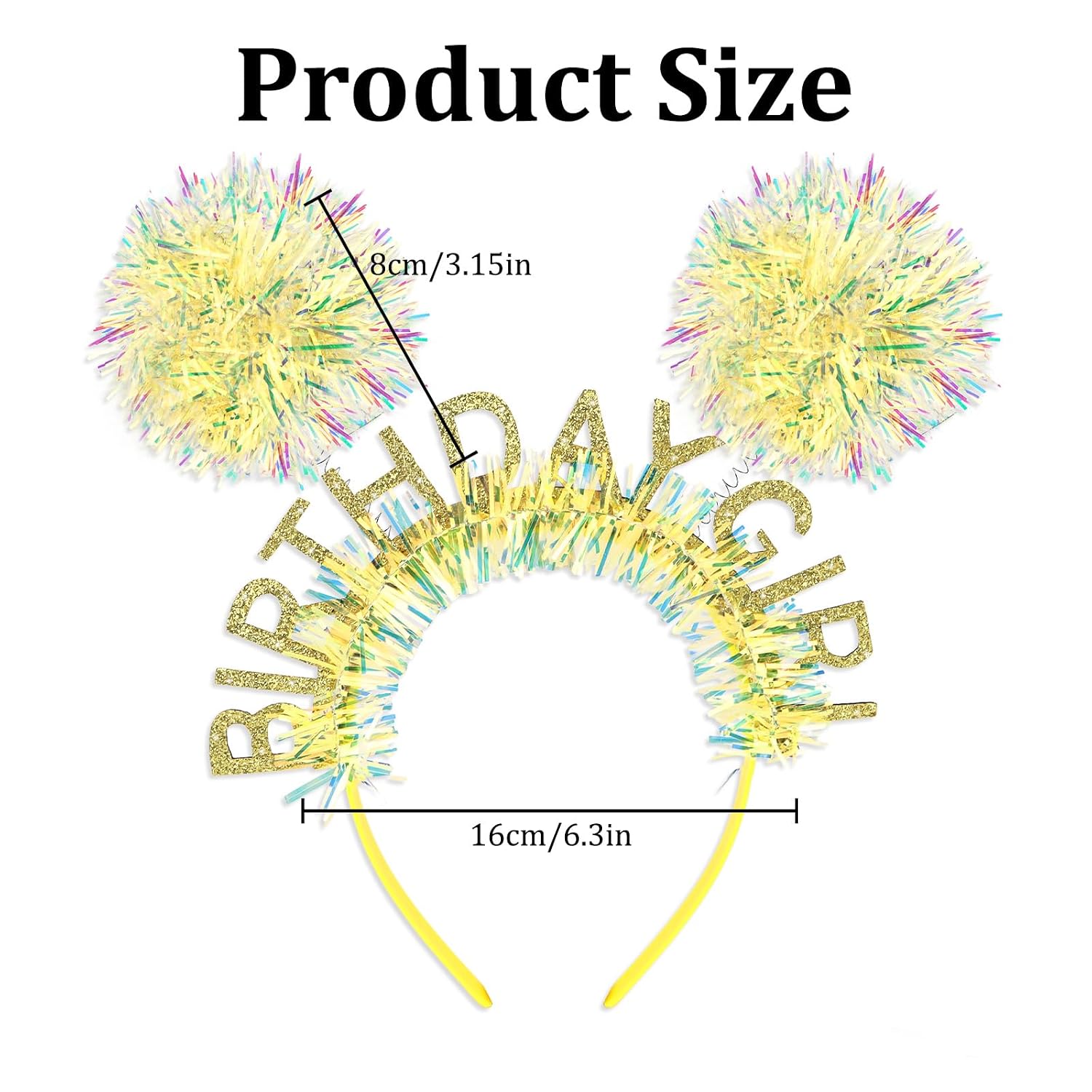 Jaciya Birthday Girl Gold Tinsel Headband with Iridescent Pom Poms Sparkly Party Hair Accessory Gold Birthday Decorations Photo Booth Prop