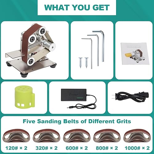 Vista 6 de Mini lijadora de banda, afilador de cuchillos, eléctrico, mejorado, 7 controles de velocidad ajustables, máquina pulidora pequeña de 110 V con 10