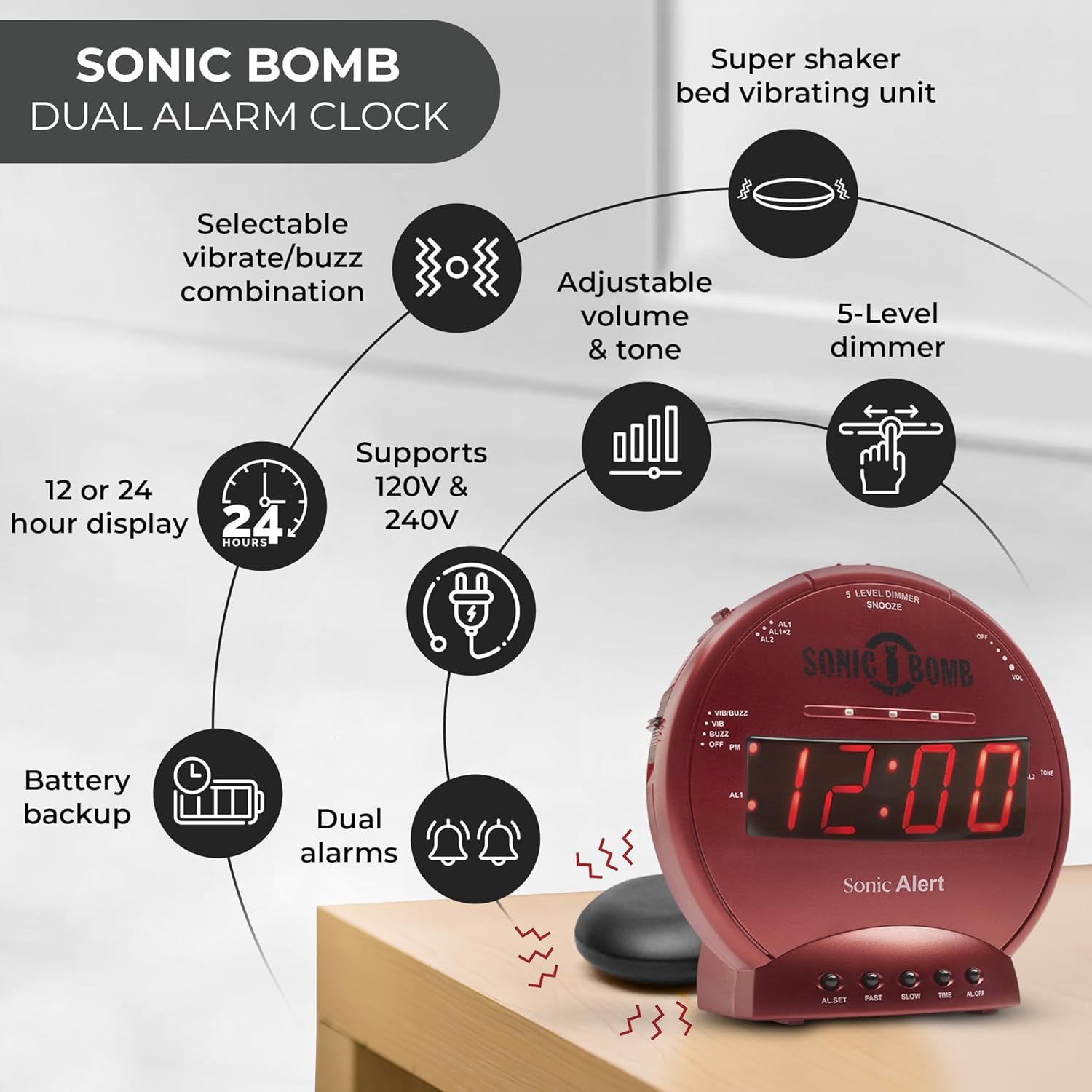 Sonic Alert Sonic Bomb Dual Alarm Clock with Bed Shaker, Red Vibrating Alarm Clock Heavy Sleepers, Battery Backup | Wake with a Shake
