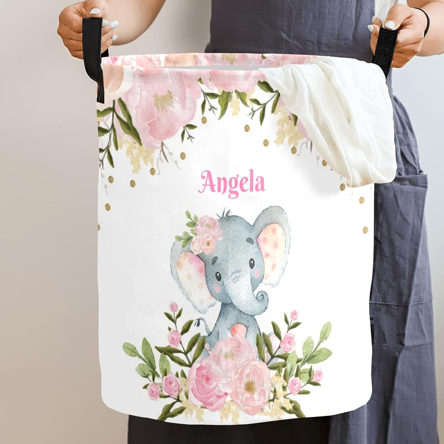 Personalized Custom Pink Floral Elephant Laundry Baskets with Name Collapsible Clothes Storage Basket with Handle for Bathroom Bedroom Kitchen