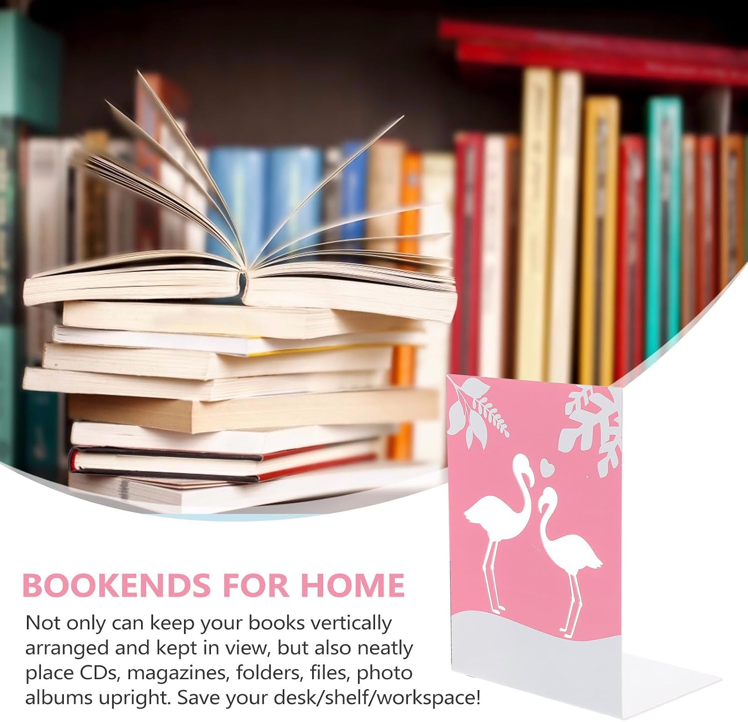 SEWACC Flamingo Cartoon Bookends 2pcs Iron Metal Book Supports for Office and Home Desktop Organizer Room Décor