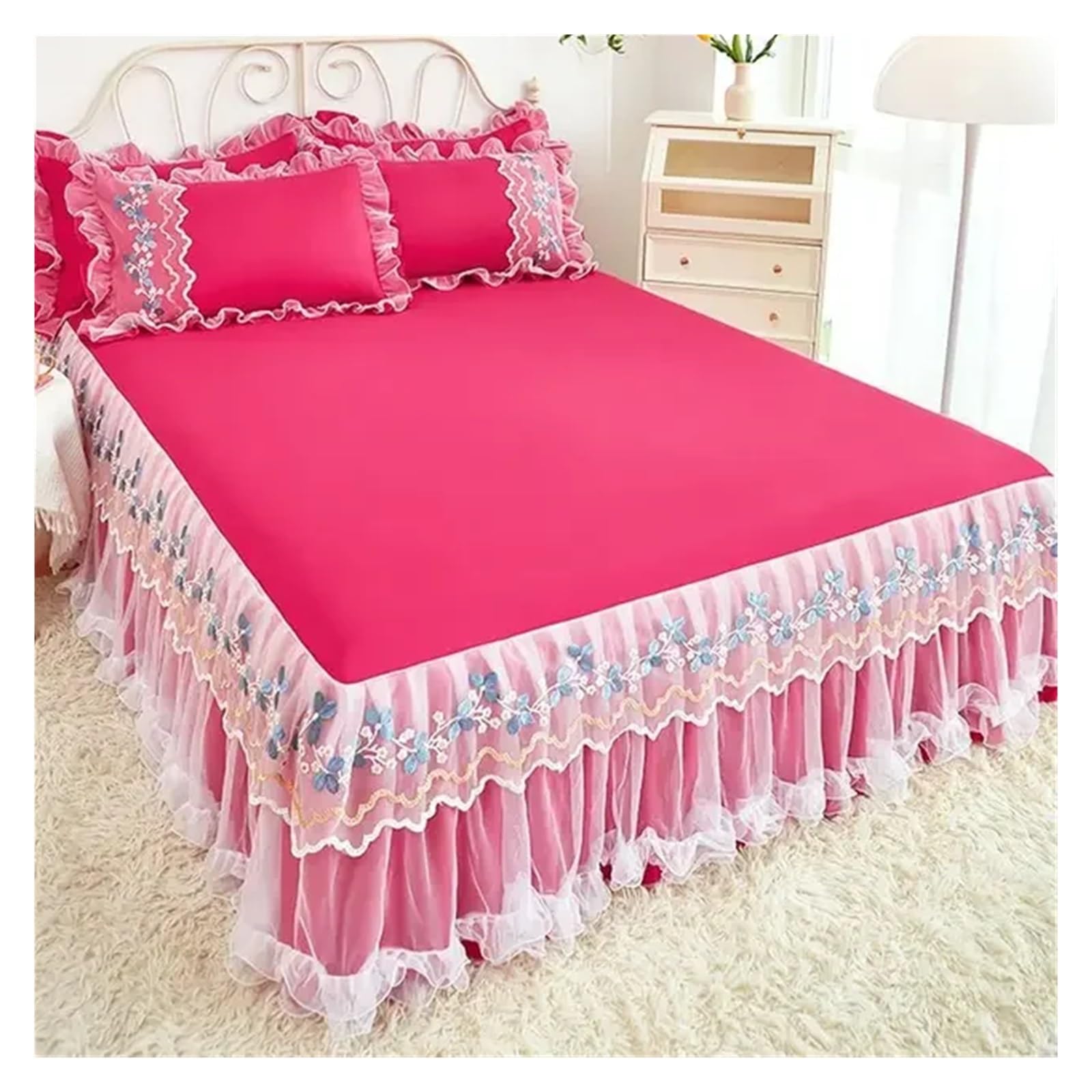 Lace Lotus Leaf Lace Bed Skirts Solid Color White Pink Bedspread Bed Cover Non-Slip Sheets Without Pillowcase(08,180x220cm 3pcs)