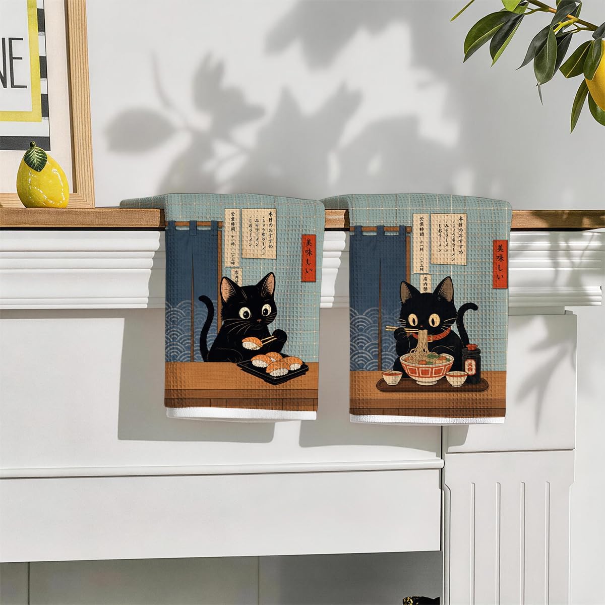 2 Pcs Funny Black Cat Kitchen Towels, Ramen Cat Lover Gifts Tea Dish Towels image 3