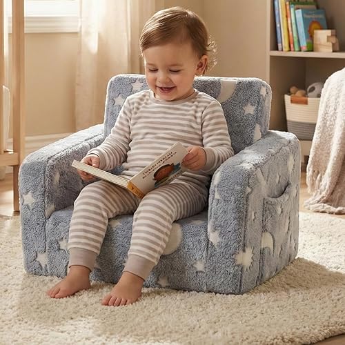 Toddler Baby Chair Couch Sofa Kids Foldable 2-in-1 Fold Out Couch Toddler Chairs Comfy for Boys & Girls Convertible Kids Furniture lounge chair for Playroom with Double Pockets, Glow in the Dark Grey