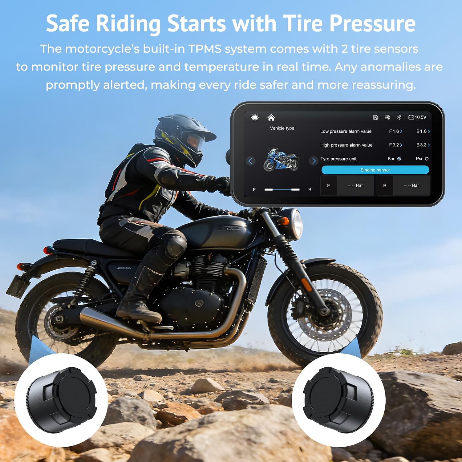 6.25" Wireless Motorcycle CarPlay Screen with Android Auto,Built-in TPMS,IP67 Waterproof Motorcycle GPS Display,OTA Update,Bluetooth Audio,Voice Control,Portrait/Landscape Switch for Riding