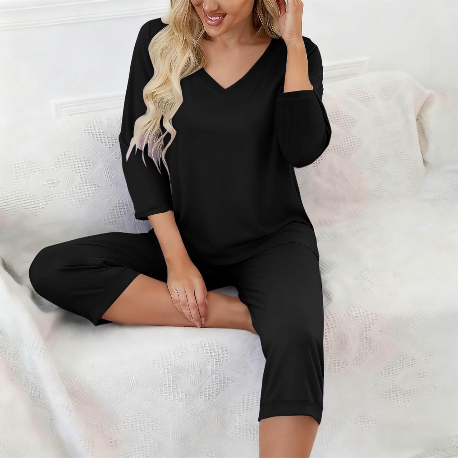 Women's Pajamas Set Fashion Solid Color V-Neck Long Sleeves T-Shirts Tops and Pj's Capri Pants Home Casual Outfits