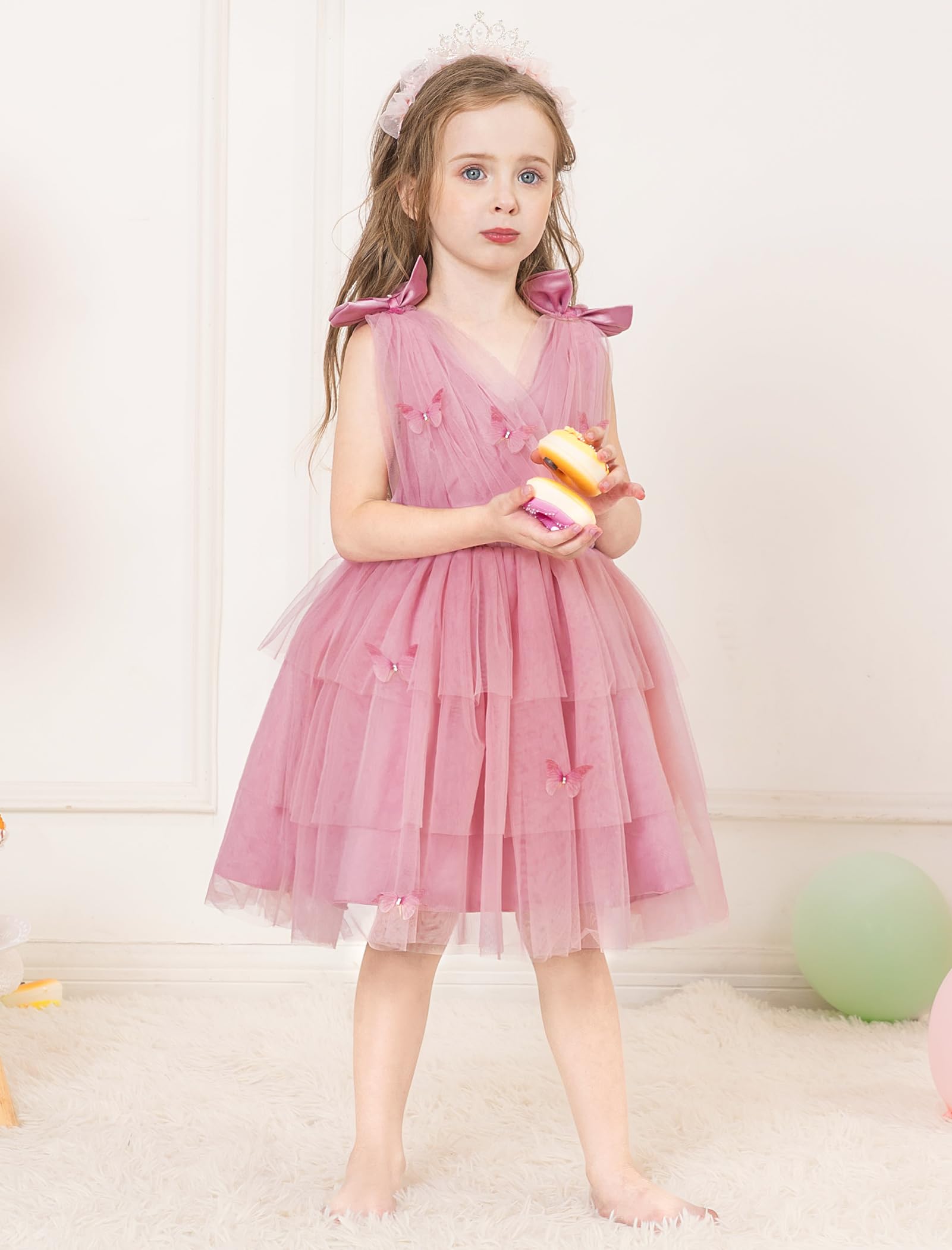 IDOPIP Bébé Fille 3D Papillon Tulle Robe Arc épaule V Cou sans Manches Princesse Demoiselle d'honneur de Soirée