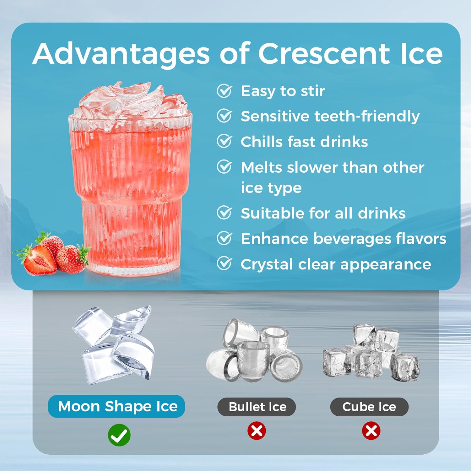Diagram illustrating advantages of crescent-shaped ice