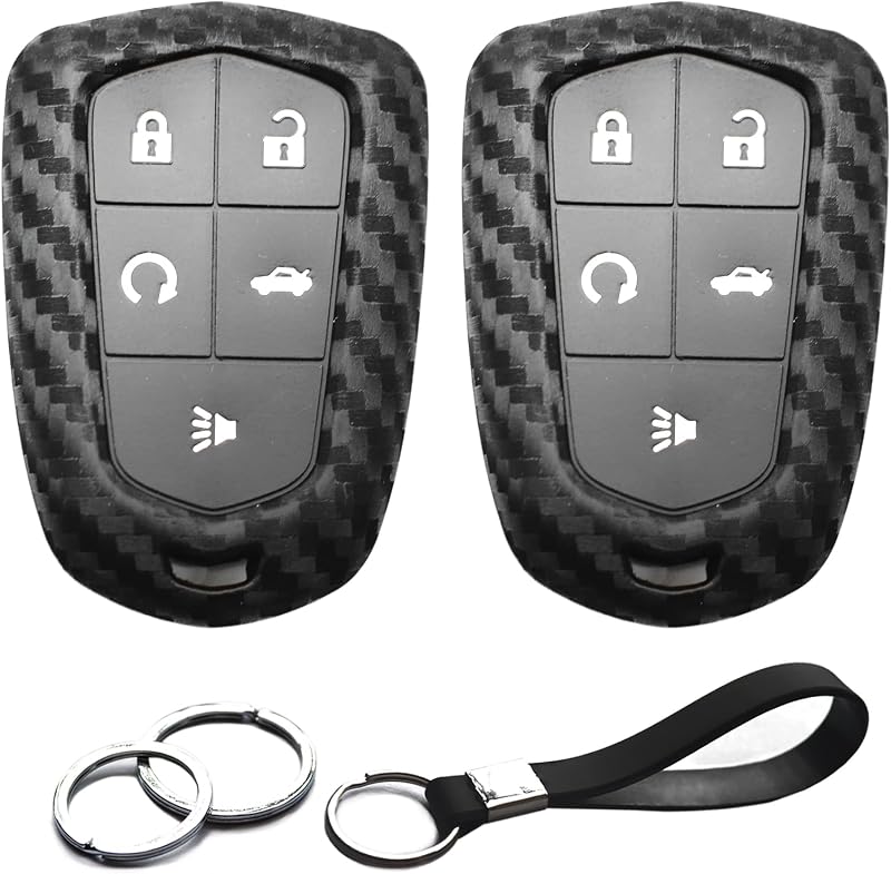 Kit com 2 capas de silicone para chave presencial Cadillac IP1069 com chaveiros e faixa, padrão fibra de carbono