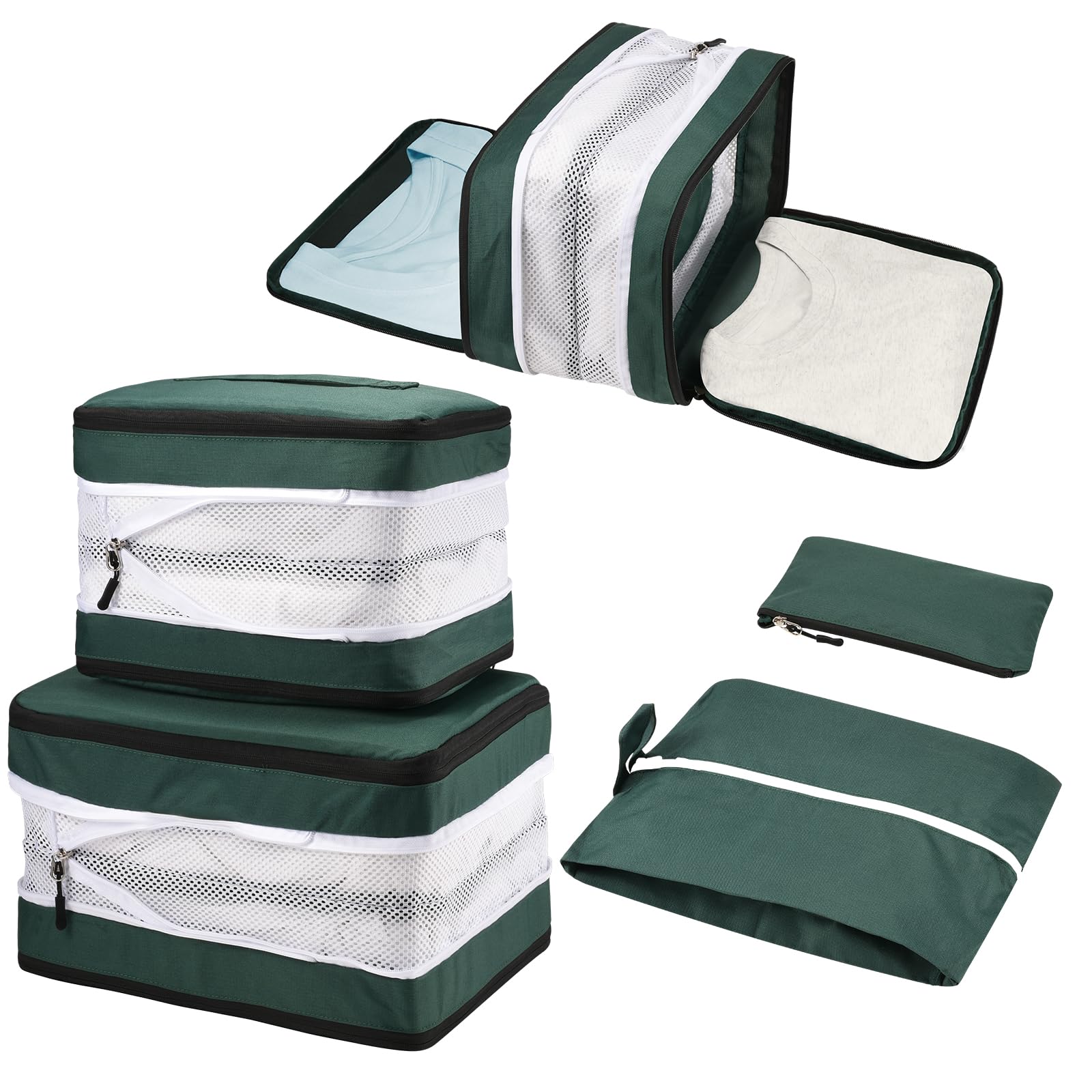 Tutushop Blackish Green 5 Set Compression Packing Cubes For Suitcases, Travel Organiser For Carry On Hand Luggage Newest Double Sided Expandable Packing Bags With Shoes Bag (Blackish Green)