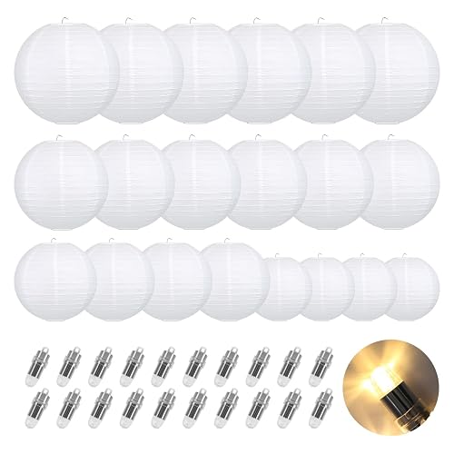 Encham 20 Stück Papierlaterne Weiß Lampions mit 20X Warmweiß Mini LED-Ballons Lichter rund Lampenschirm Hochzeitsdeko Party Geburtstage Gartenparty Deko - 20x Laterne mit Warmweiß LED