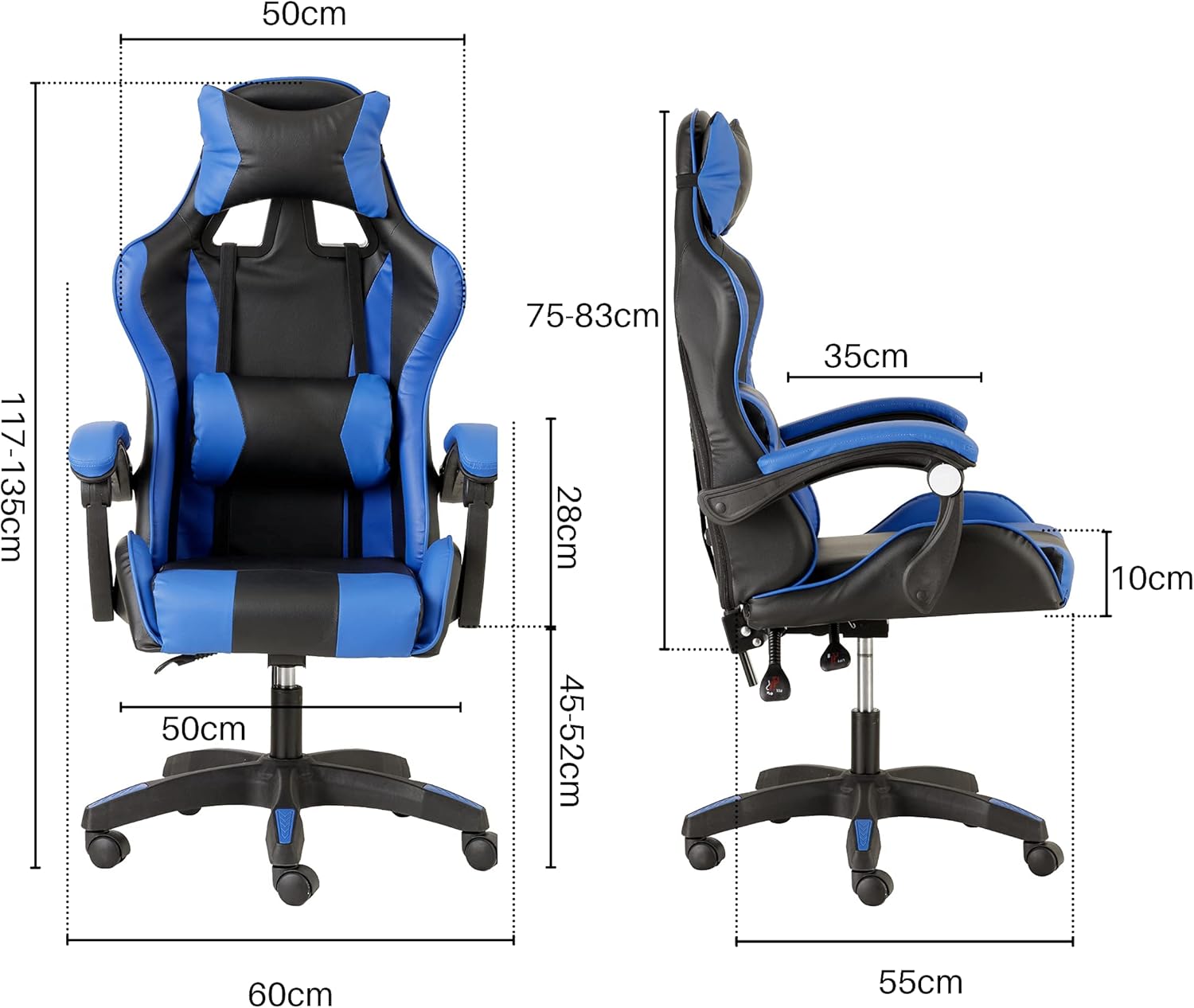 Baroni Home Sedia da Gaming, Sedia Ufficio Ergonomica con Schienale Regolabile, Poggiatesta e Supporto Lombare, Blu 55x55x83 cm Blue - Immagine 3