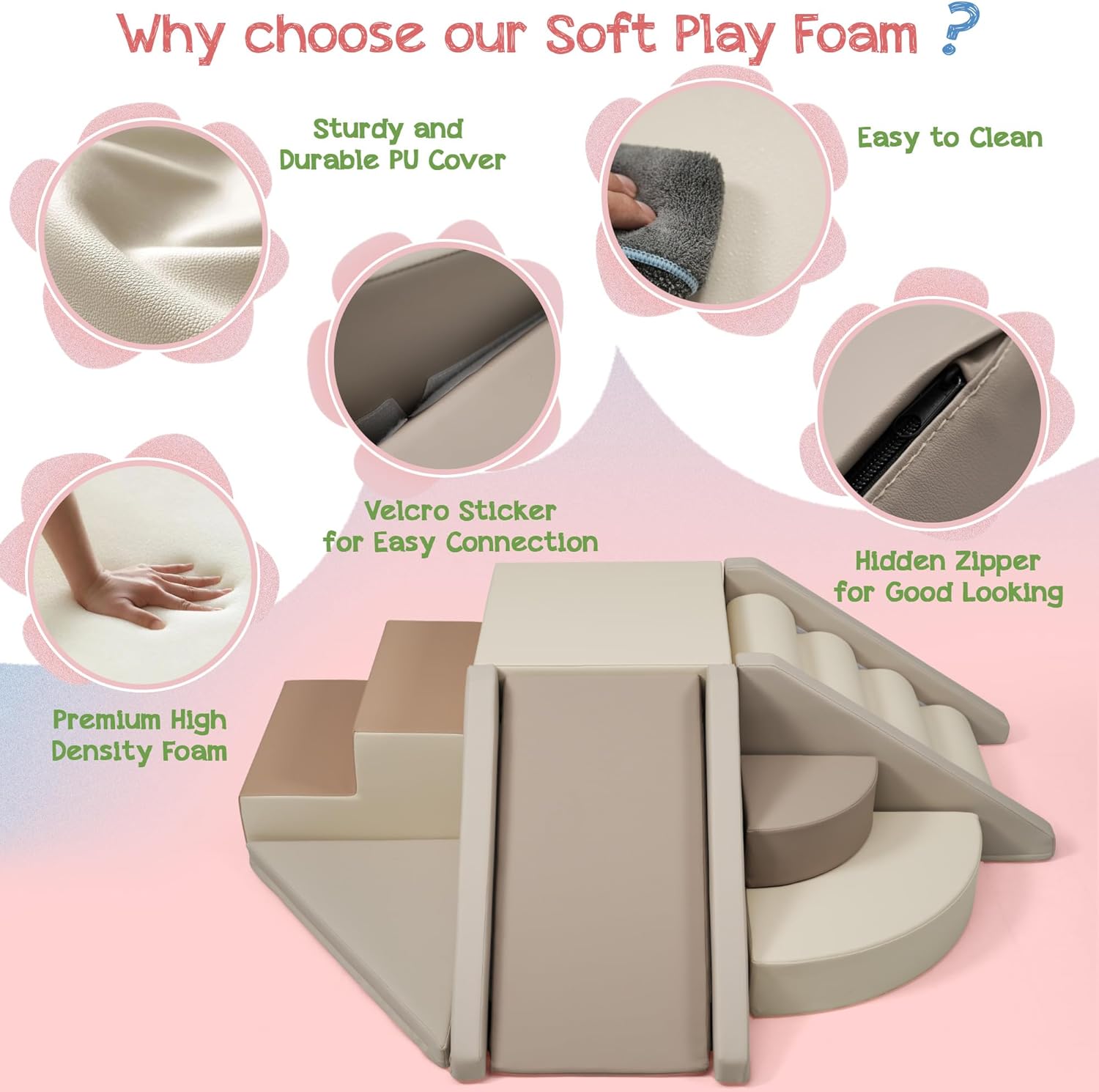 Merax Indoor Climbing Toys for Toddlers, 9-Piece Foam Climbing Blocks Climb & Crawl Tunnel Soft Play Set (9-Piece Cappuccino)