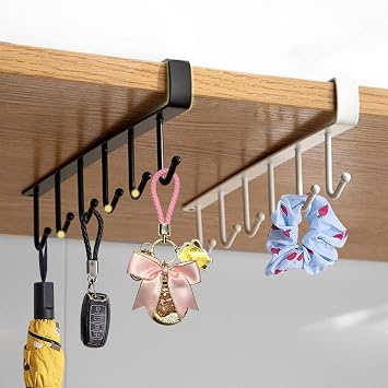 2pcs Mug Hanger Rack, Under Shelf Storage Hooks Organizer Hanging Holder for Cabinet Pantry Kitchen Cupboard Desk Counter Bookshelf Organization Black White
