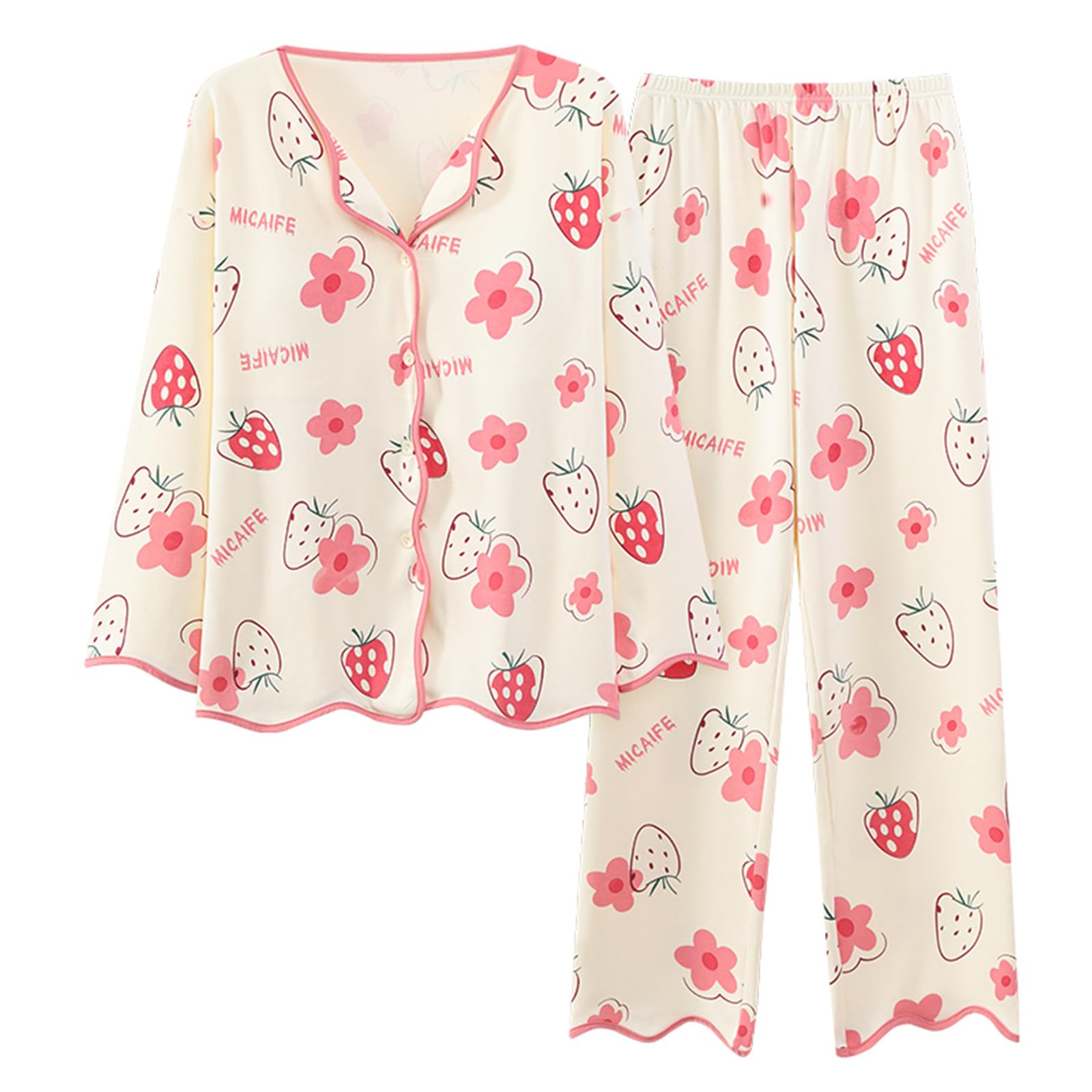 Pigiama Donna Pigiama da Donna in Stile Cardigan per Autunno E Inverno - Maniche Lunghe, Protezioni per Il Petto, Pantaloni Lunghi, Vestiti per La Casa in Cotone-Rosa-l