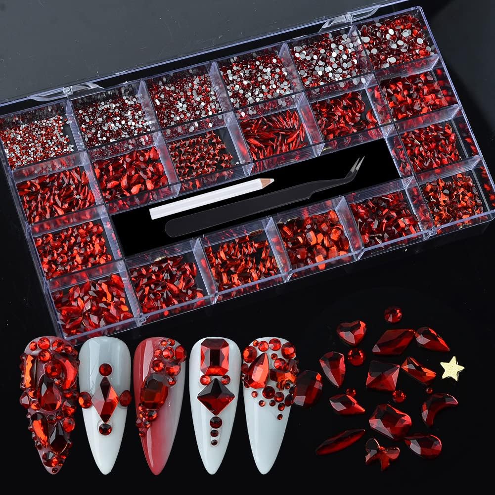 Nail Art Rhinestones Round Beads Flatback Crystals Gems 8620Pcs Multi Shapes Glass Crystal Rhinestones for Nail Art Makeup Face Decor Crafts Supply (Red)