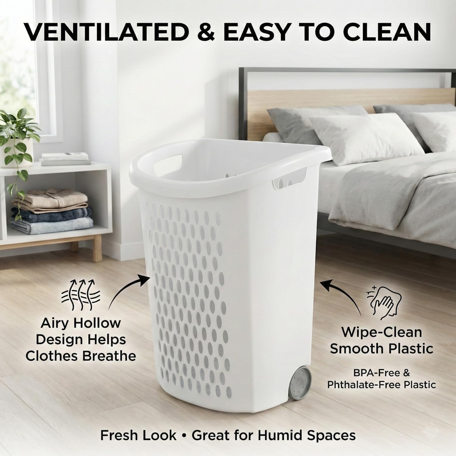 Wheeled Plastic Laundry Hamper,Ultra Wheeled Design Clothes Laundry Basket,Extra Large 135L Pull Handle & Side Grips Plastic Ventilated Clothes Basket for Home, Dorm, or Apartment