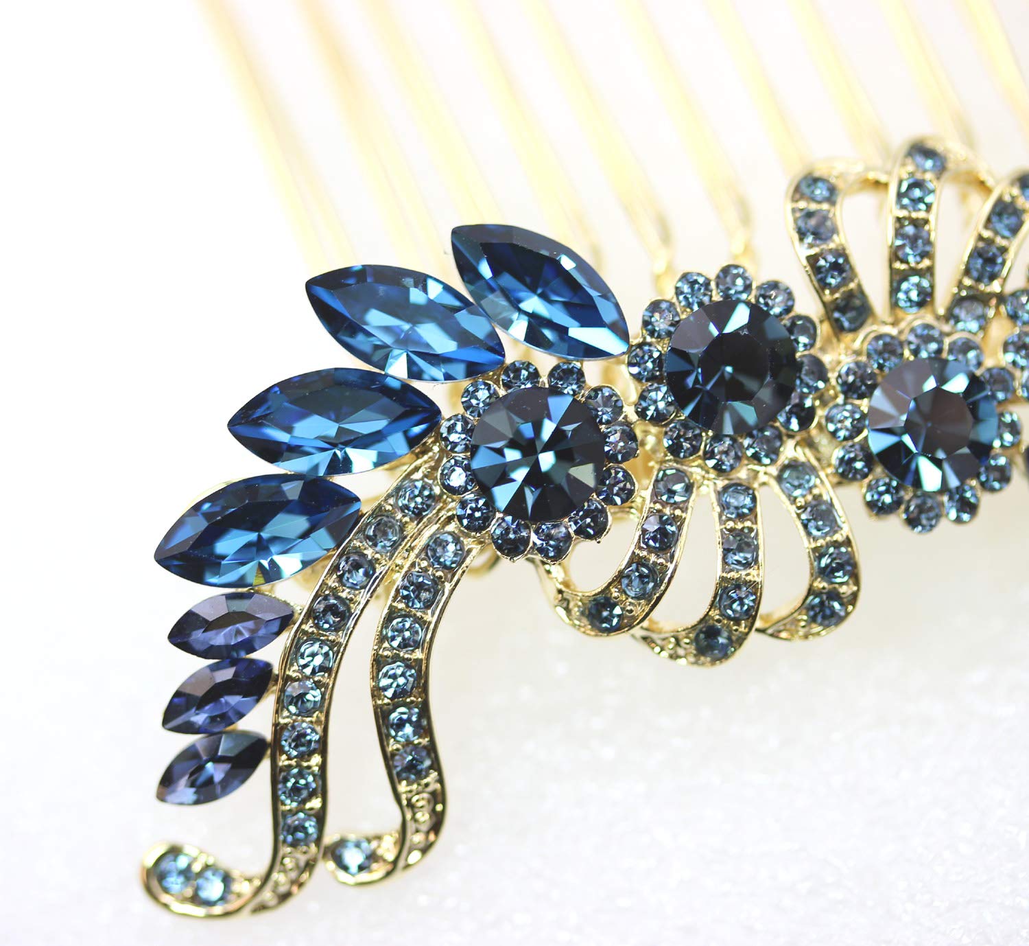 Faship Gorgeous Navy Blue Crystal Floral Hair Comb