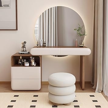 Makeup Vanity Table for Bedroom, Modern Vanities Set Includes Smart LED Mirror, Smooth Desktop and Storage Side Cabinet, Solid Wood Dressing Table with Open Storage and Drawers Walnut & White,48in