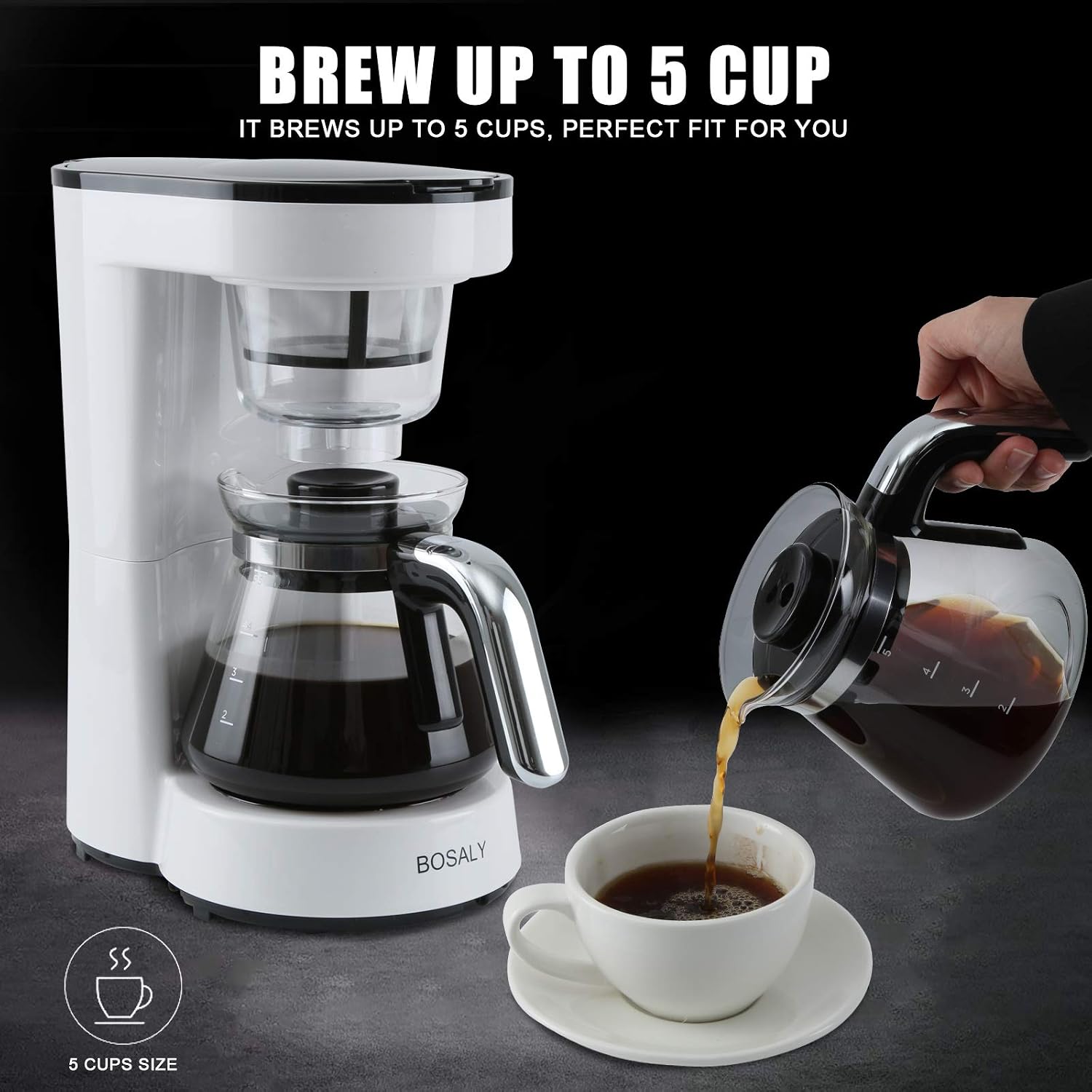 BOSALY Coffee Maker, 5 Cups Carafe Pot Small Drip Coffeemaker with Reusable Filter, Keep Warm Plate, White