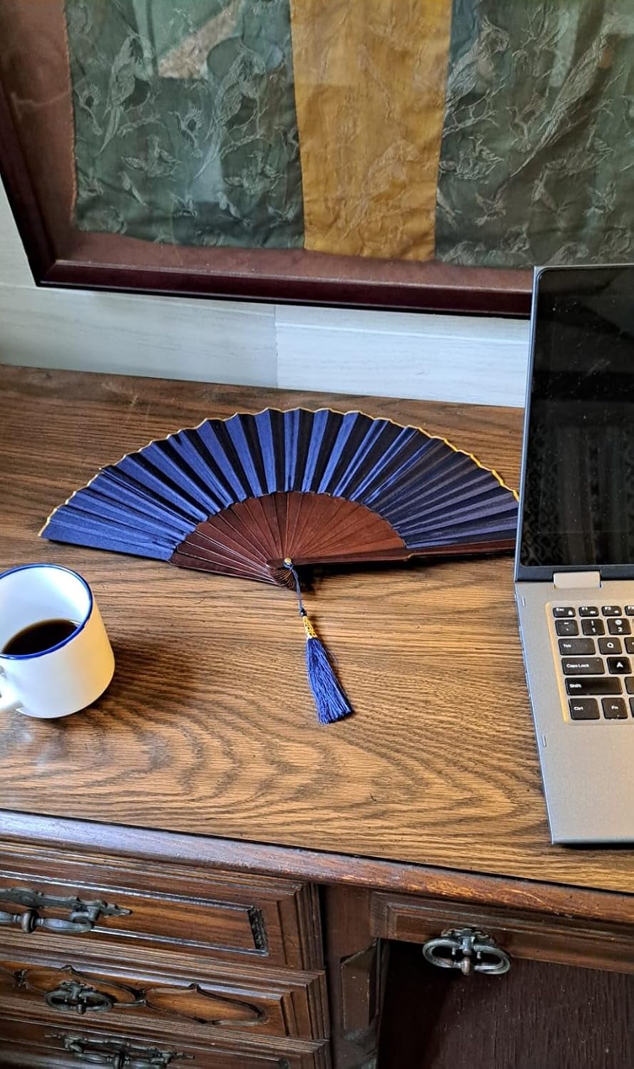 Deep Blue Sea 9-Inch Folding Hand Fan with Tassel in Blue