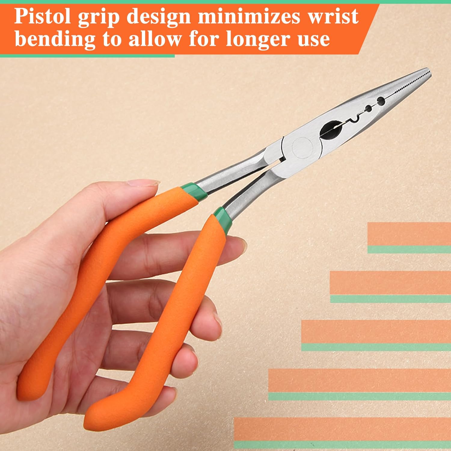 9 Inch Long Nose Pliers with Crimper, Wire Cutter and Serrated Jaw, Offset Pistol Grip, Ideal for Fishing and Tight Spaces