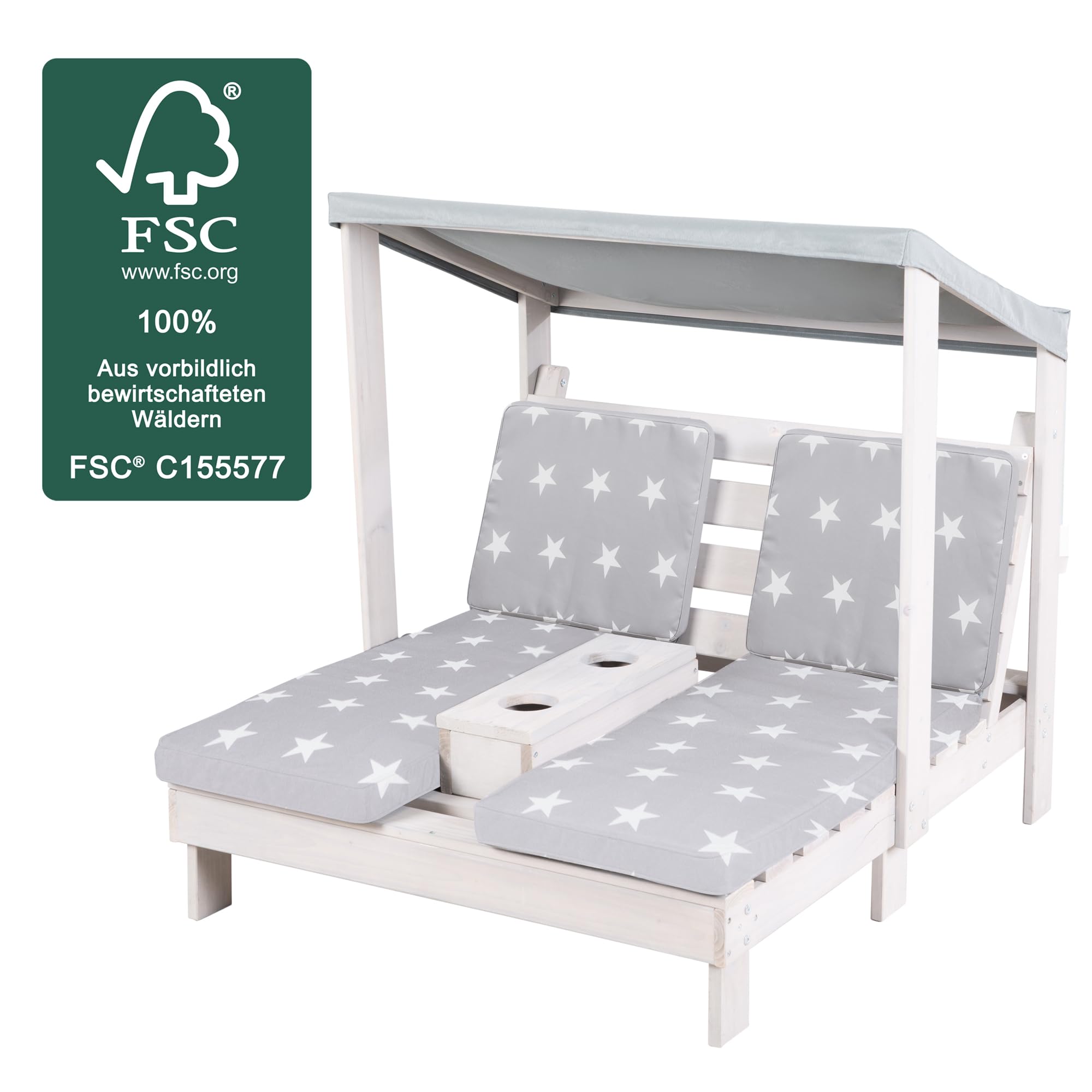 roba Double Chaise Longue pour Enfants avec Coussins Little Stars Déhoussables - Porte Gobelet et Pare-Soleil - Supporte Jusqu'à 100 kg - Bois Gris Résistant aux Intempéries