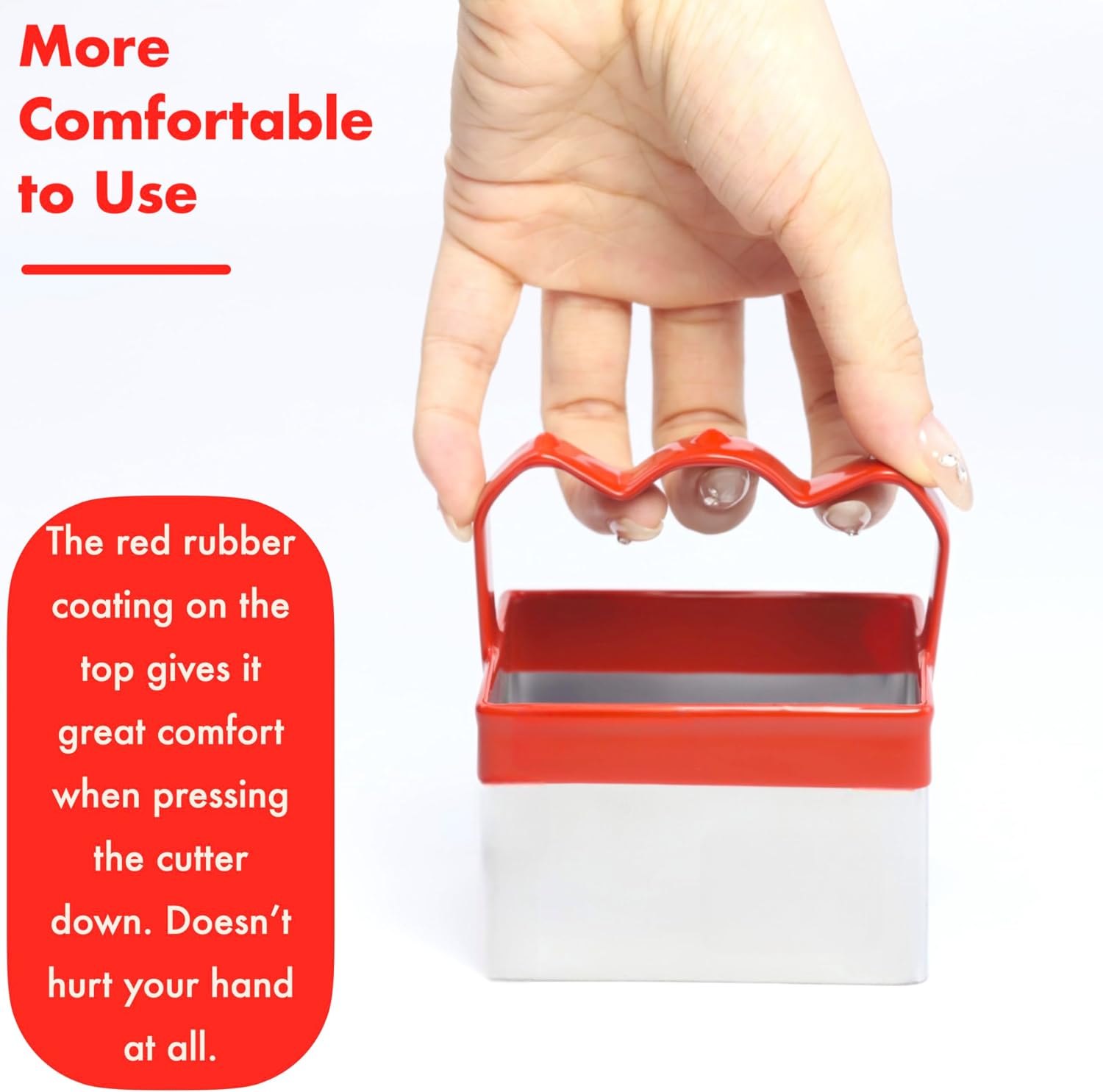 Square Cookie Cutter Set – 4-Piece Fun with Ergonomic Handles, Bake Perfect Cookies & Biscuits, Durable Stainless Steel, Comfy Red Silicone Grip, 2.5, 3, 3.4, & 4 Inch Sizes