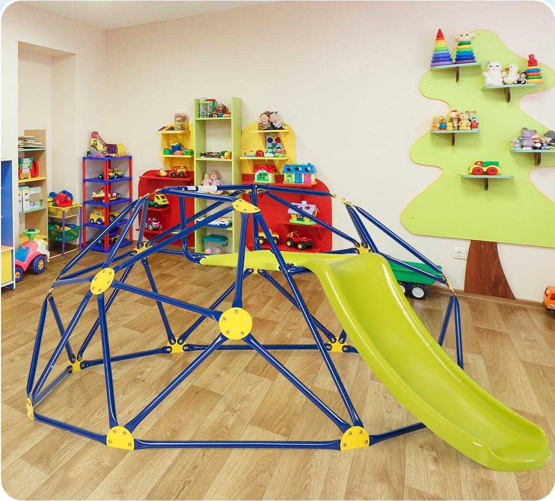 LIFEZEAL Cúpula para Escalar con Tobogán, Marco de Metal para Patio, Centro de Actividades con Escalera y Plataforma de Tela, área de Juegos Interior y Exterior para Niños de 3 a 10 Años (Azul+Verde)