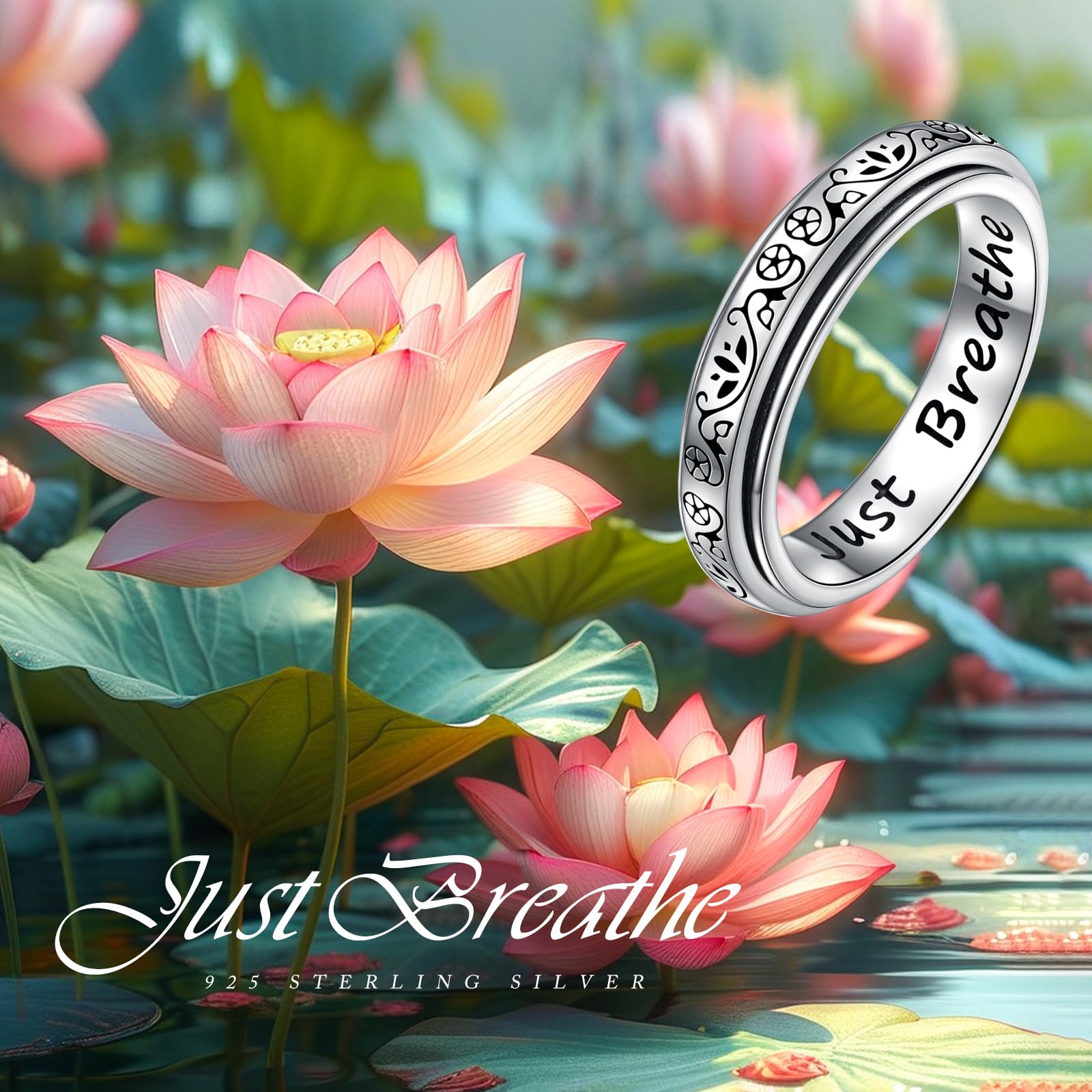 Anillo antiestrés de plata de ley 925 con flor de loto para yoga, Just Breathe Spinner para aliviar el estrés, el aburrimiento, TDAH, autismo, para mujeres y hombres