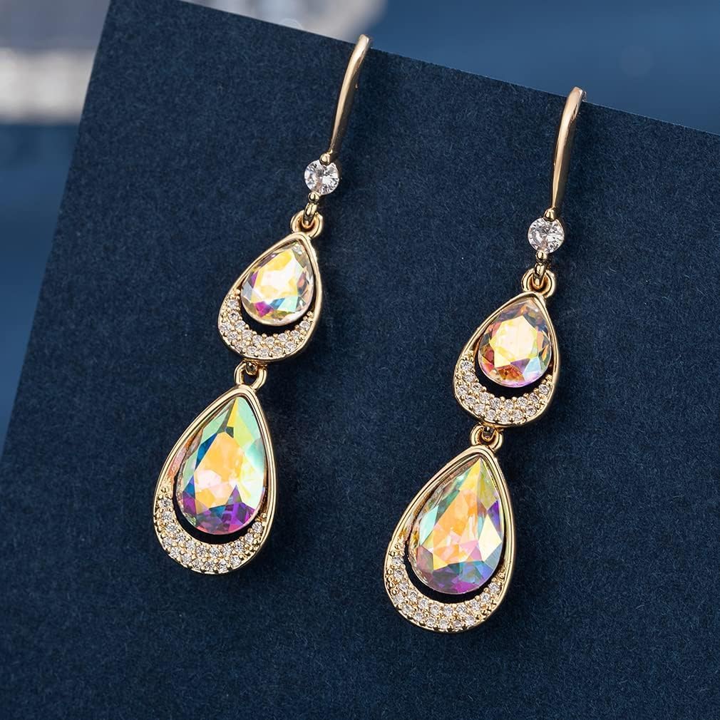 Austrian Crystal Halo Double Teardrop Hollow Drop Dangle Earrings for Women 14K Rose Gold Plated Hypoallergenic Jewelry - Image 3