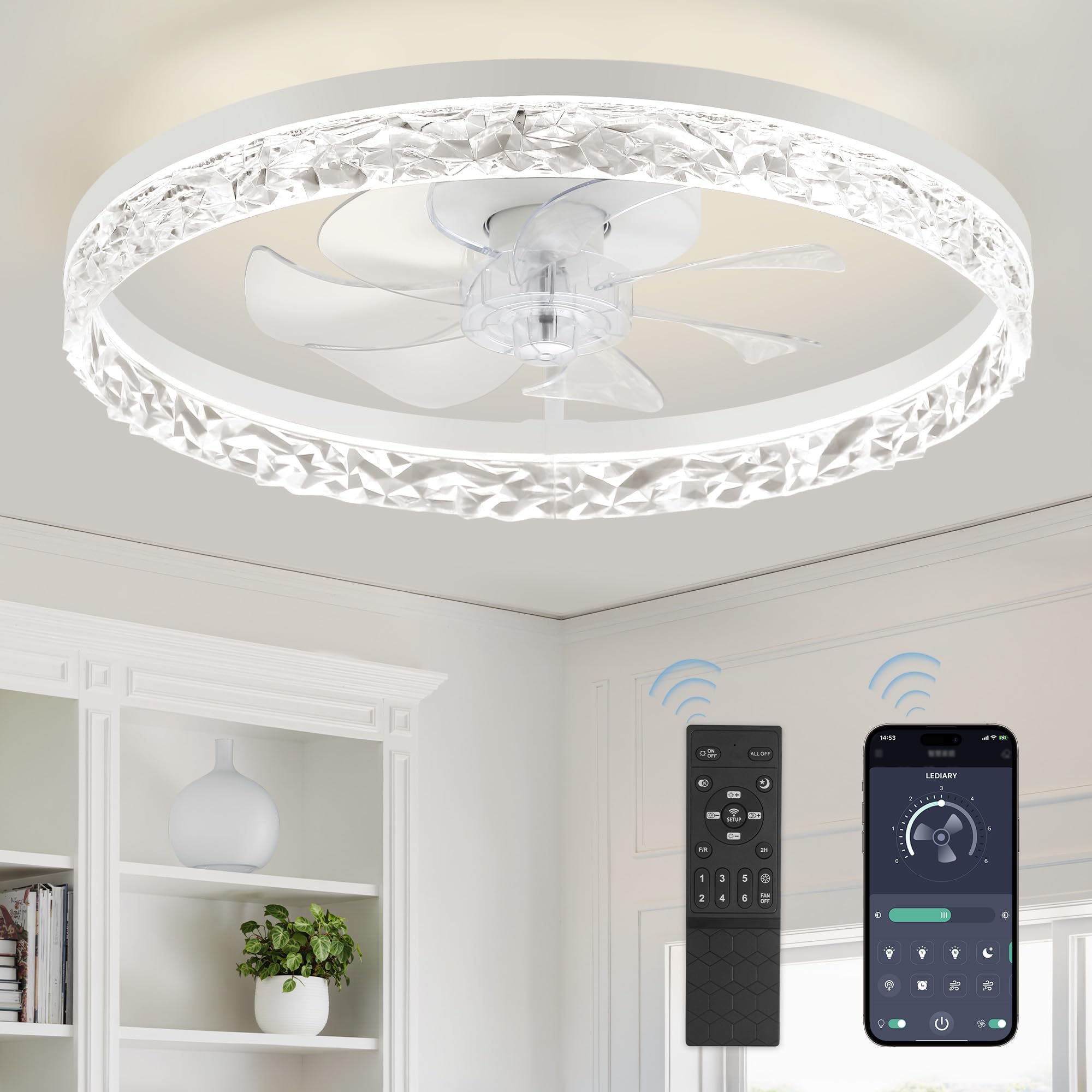LEDIARY 20" Modern Ceiling Fans with Lights and Remote, Dimmable Low Profile Ceiling Fan, Flush Mount Ceiling Fan, Stepless Color Temperature Change and 6 Speeds - White