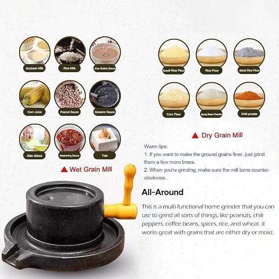 Grain mill,Natural Stone Mill,Manual Stone Mill,Stone mill wheat, grinding wet soybean milk, wheat flour, grain,peppers,spices (7.87inx11.8in), Black,with wooden frame