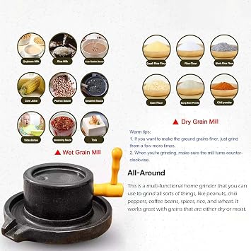 Grain mill,Natural Stone Mill,Manual Stone Mill,Stone mill wheat, grinding wet soybean milk, wheat flour, grain,peppers,spices (7.87inx11.8in), Black,with wooden frame