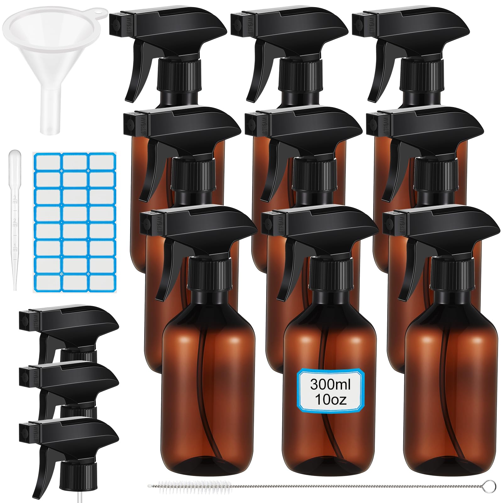 9 Pack 10oz/300ml Plastic Spray Bottle Bulk for Plant Small Spray Bottle Fine Mist Water Sprayer Upgraded Adjustable Nozzle Refillable Empty Containers for Cleaning, Hair, Cooking(Amber)