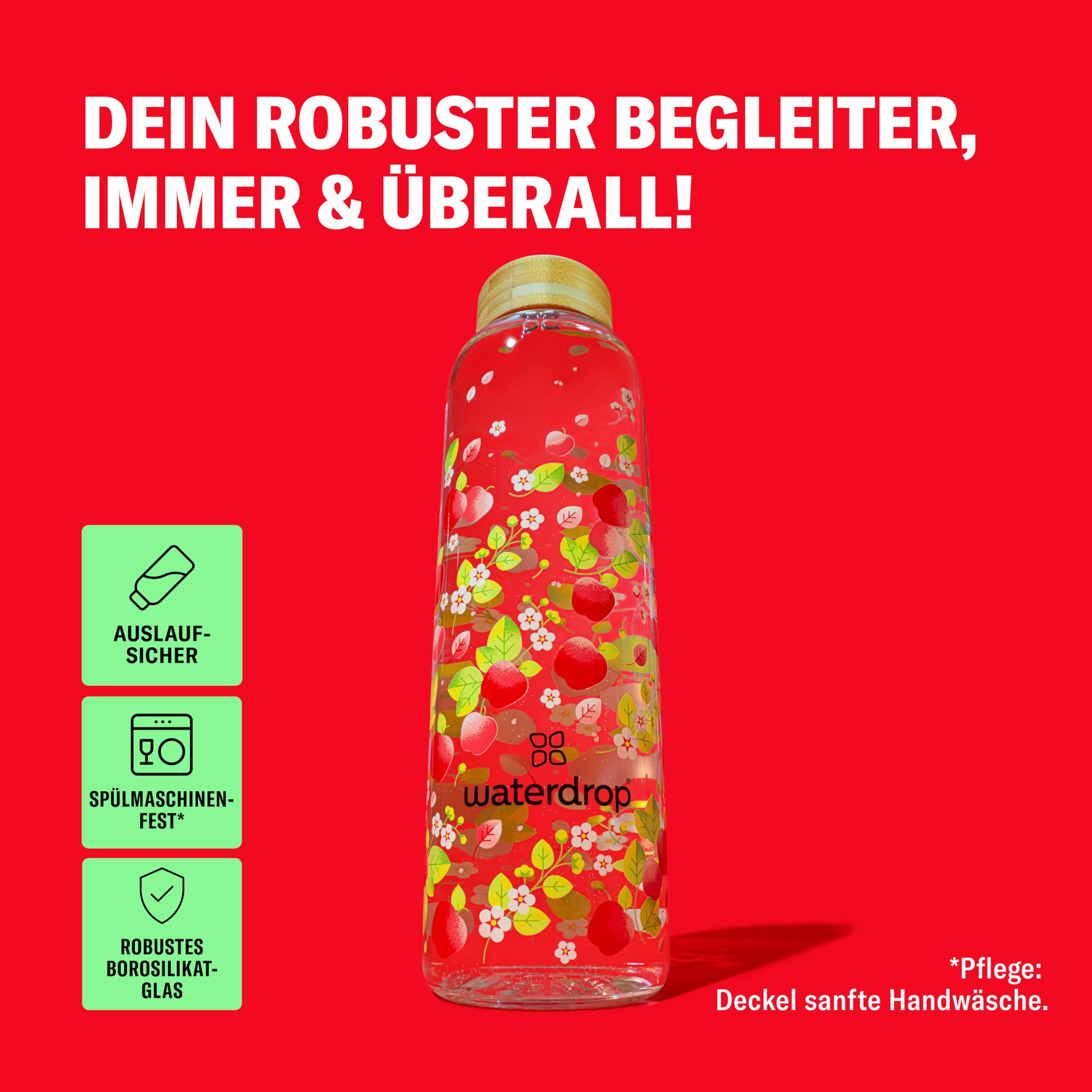 waterdrop® Flasche aus Glas 600ml - Trinkflasche Kohlensäure geeignet & spülmaschinenfest - auslaufsichere Wasserflasche mit Neoprenhülle - Borosilikat Glasflasche mit Schraubverschluss