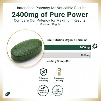 Pure Nutrition Organic Spirulina 2400mg per Serving | 180 Veg Tablets | Spirulina Powder Organic Tablets | Supports Healthy Skin & Boost Immunity | Non GMO