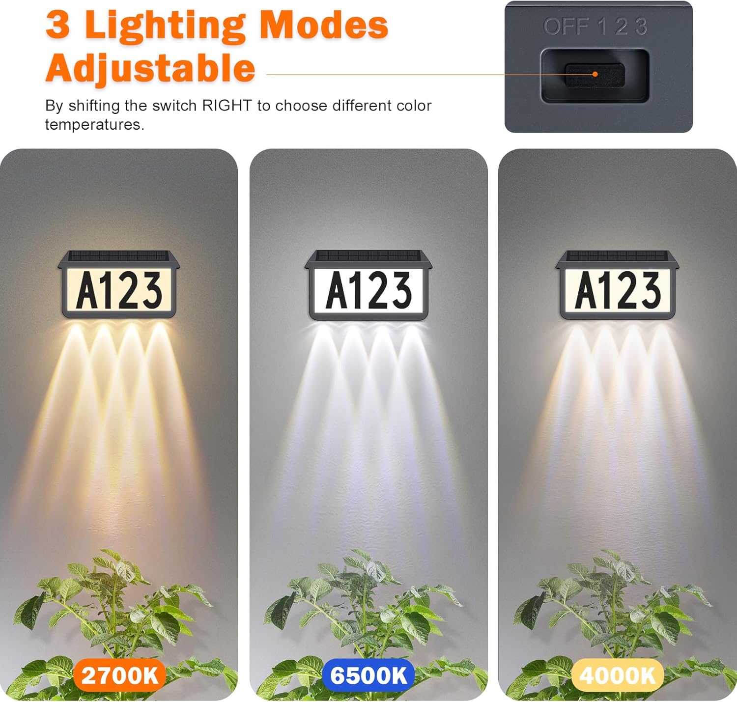 Brightever Solar Address Signs, House Number for Outside Waterproof, 3-Color LED Illuminated Address Plaques with Stake, Wall Mounted Solar Powered Light Up Address Numbers for Houses, 1-Pack, Grey
