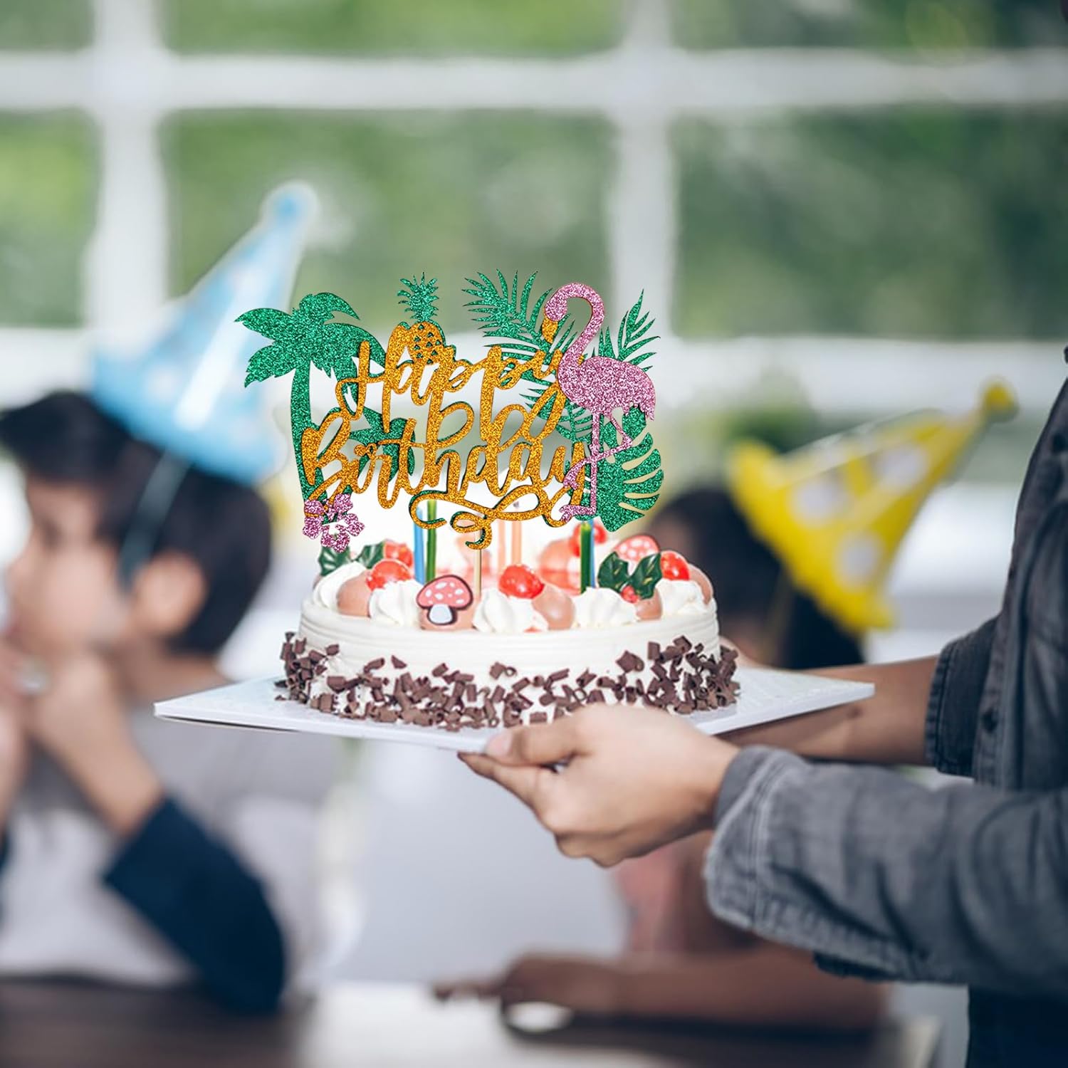 Summer Flamingo Cake Toppers Hawaii Theme Cake Topper Flamingo Tropical Cupcake Topper for Birtyhday Holiday Cake Decoration for Kids Girls Boy