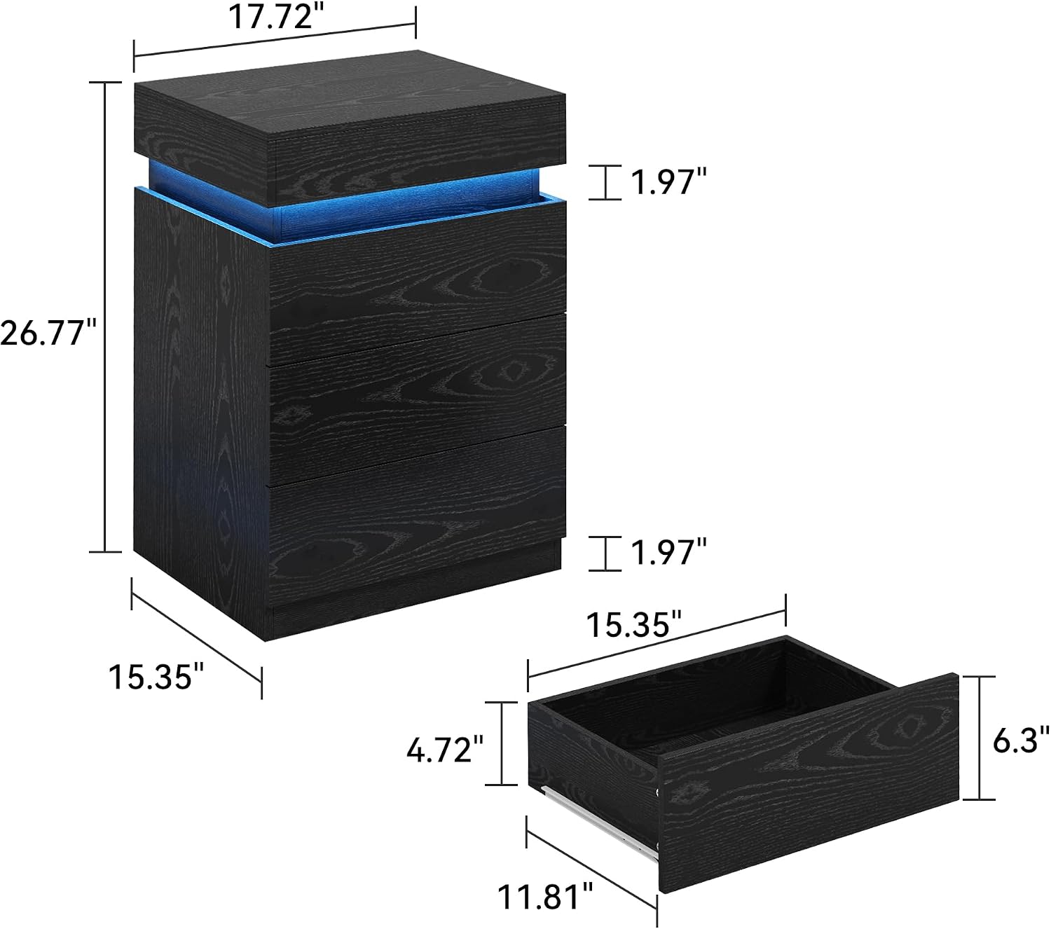 LED Nightstand with Charging Station, Black Wooden End Table image 2