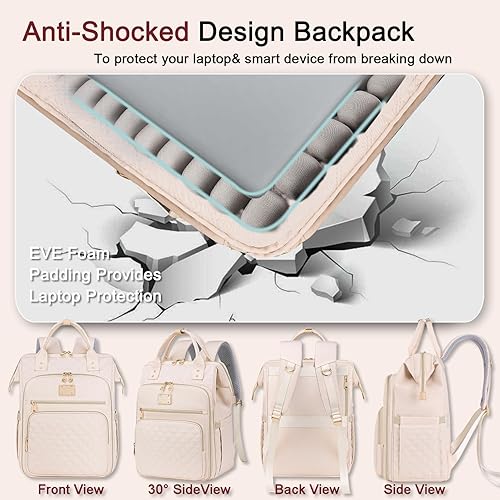 Miniatura 8 de Weitars Mochila de almuerzo para mujer, mochila para laptop de 15.6 pulgadas para mujer, mochila de viaje, mochila de trabajo para mujer, Beige,