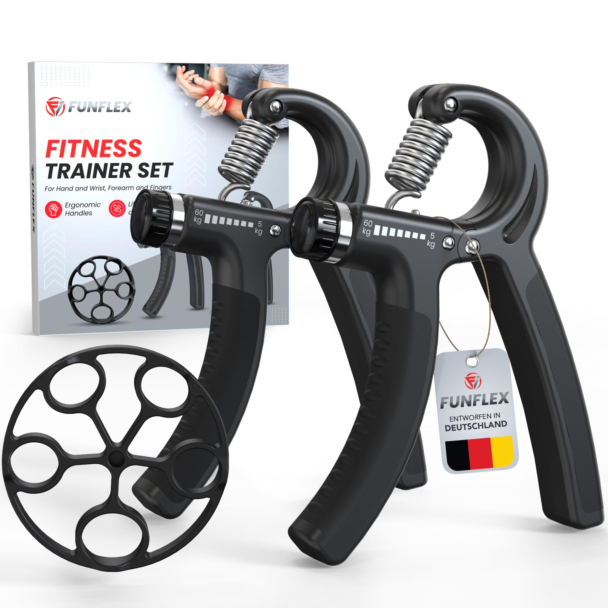 FUNFLEX Handtrainer Fingertrainer, Griffkraft Trainer 2er Set, 5-60kg Einstellbarer Widerstand Unterarmtrainer - Grip Ring, Fingerkraft Grifftrainer - Fitness Krafttraining für Hand, Finger, Unterarm