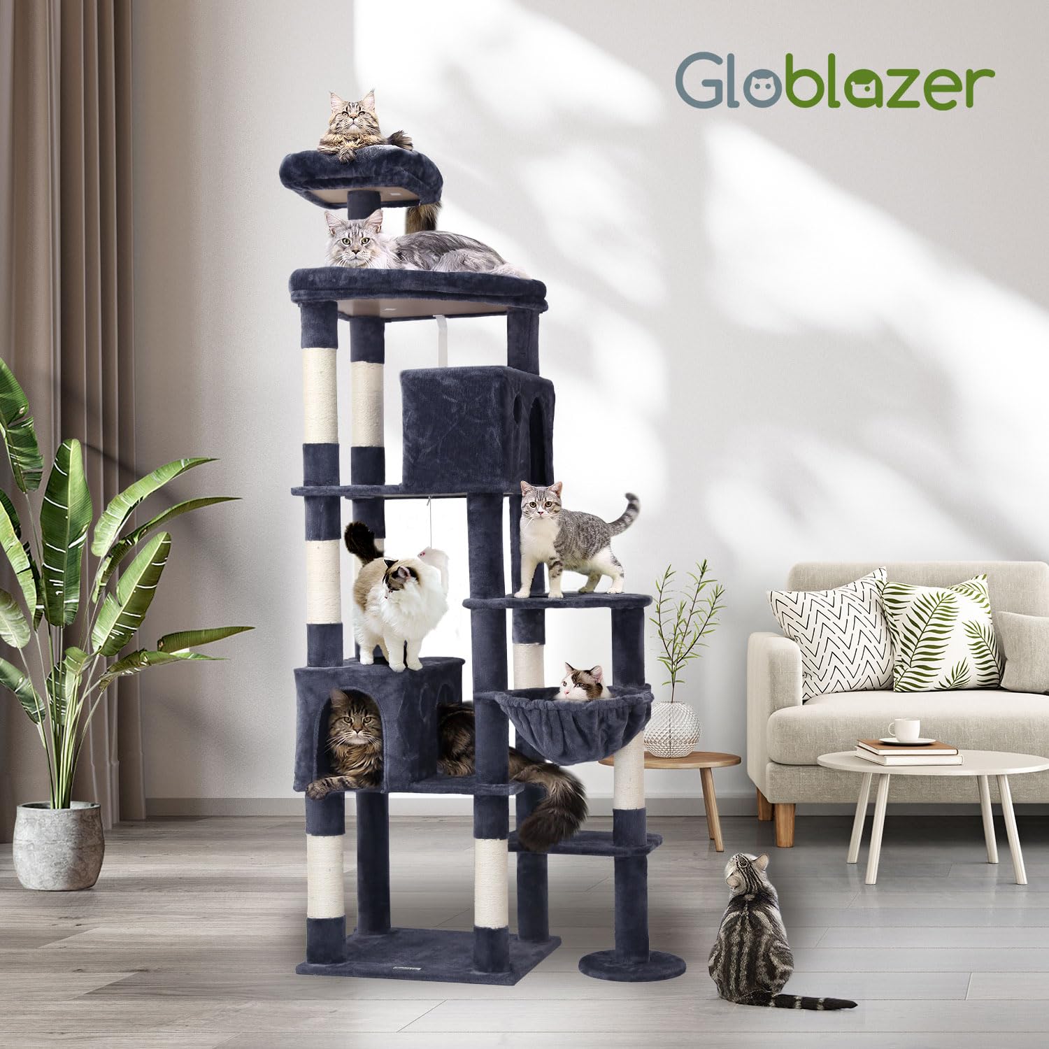 Globlazer Kratzbaum XXL für Große Katzen 213 cm Stabil katzenbaum Innen F83 | Extra großer, mehrstöckiger, Stabiler katzenbaum Über 2 Meter mit großen Liegebereich Katzenhaus für mehrere große Katzen
