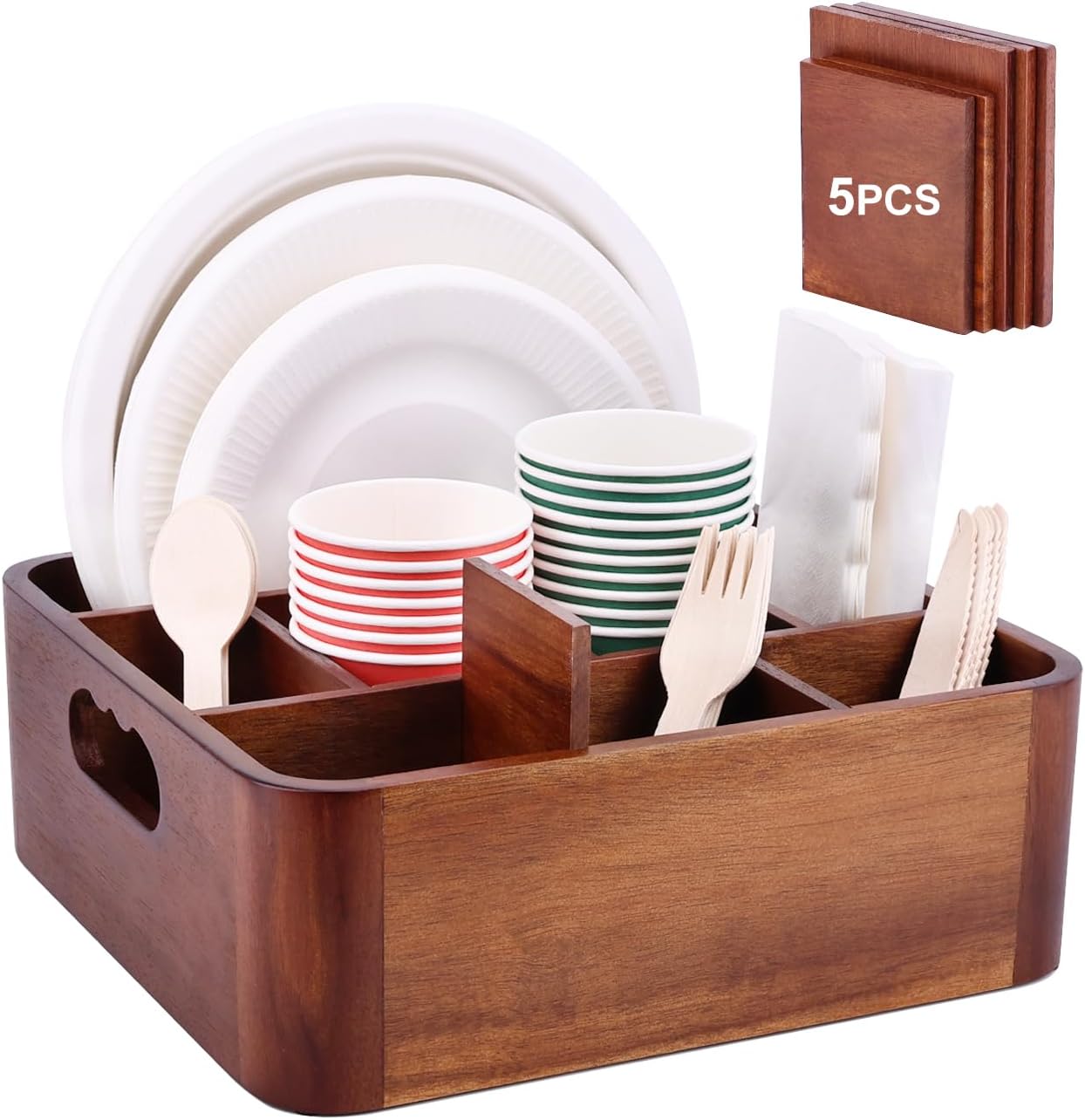 Acacia Wood Utensil Holder, Silverware Organizer Caddy with 4 Anti-Slip Pads, 5 Removable Dividers Utensil Organizer for Kitchen Counter, Party, and Picnic
