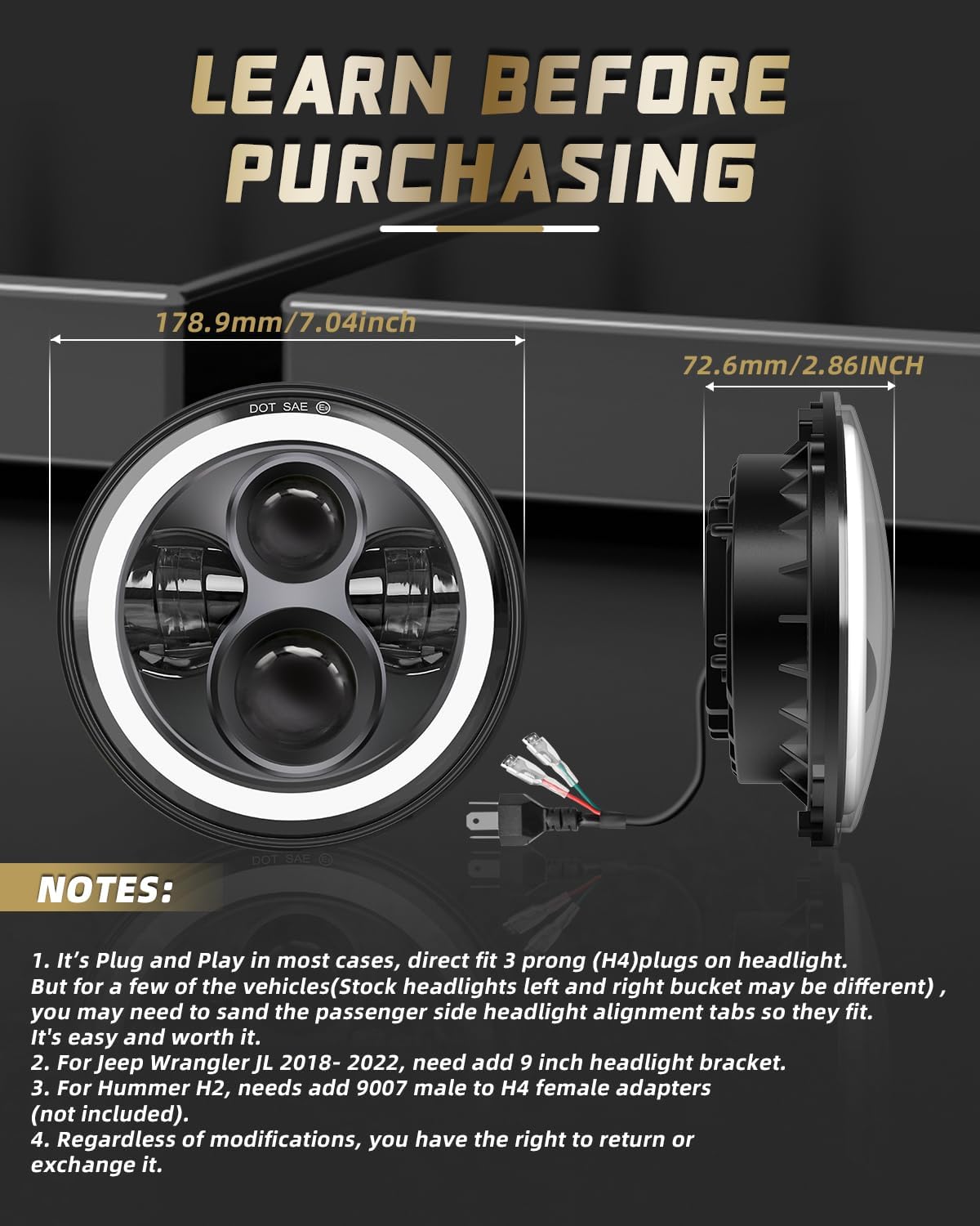 BraveWAY 7 inch Round LED Headlight Hi/Lo Beam H6024 Projector DOT Approved, White/Amber Halo DRL/Turn Signal Compatible with Wrangler JK TJ CJ LJ/Miata MX5/ Century/MG MGB