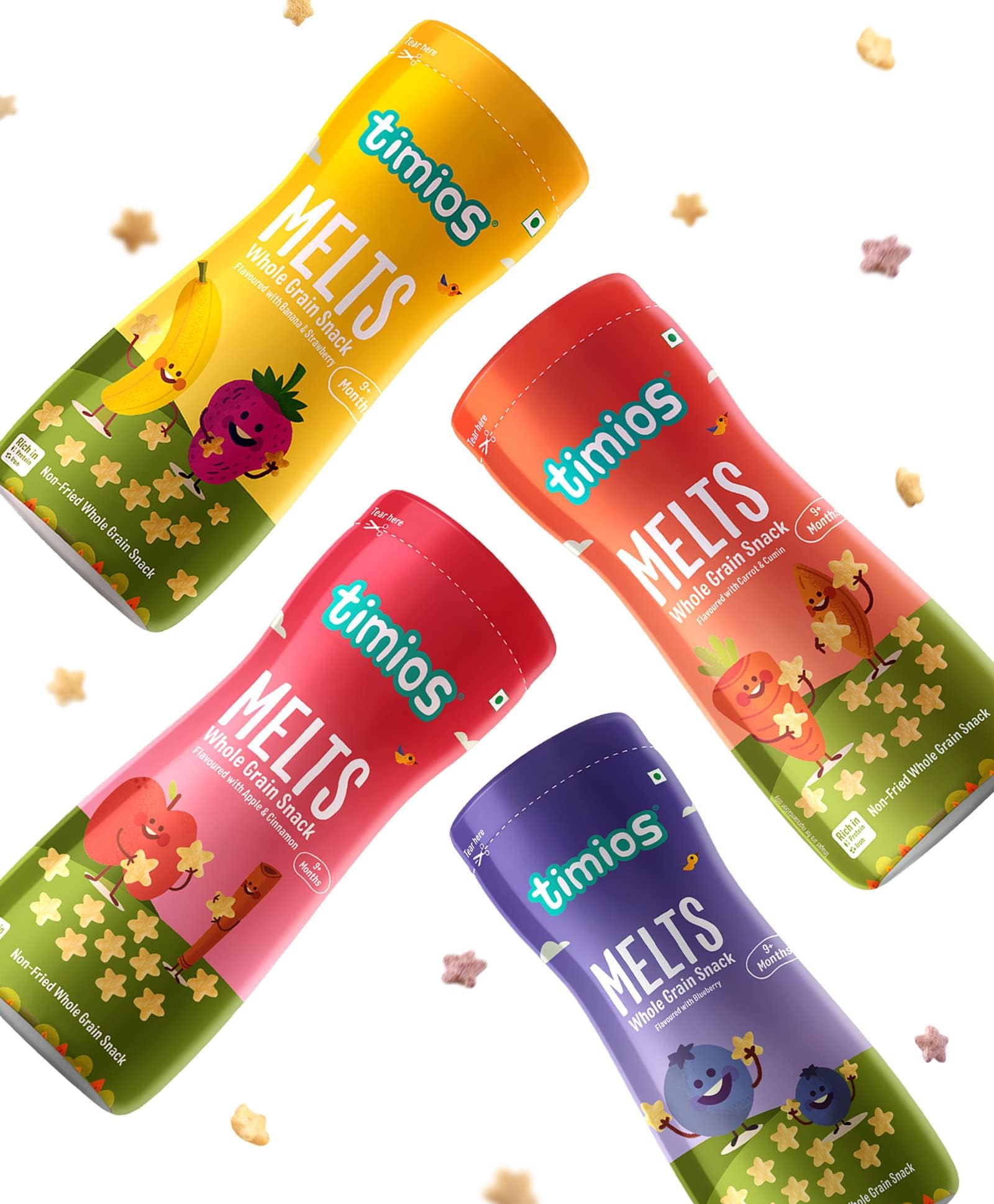 Timios Melts Wholegrain Preservative free Kids Snacks | Blueberry | Banana & Strawberry | Carrot & Cumin | Apple & Cinnamon | 9+M| Rich in Iron, Fibre & Protein | No Additives, No Maida | Pack of 4 | 50g Each