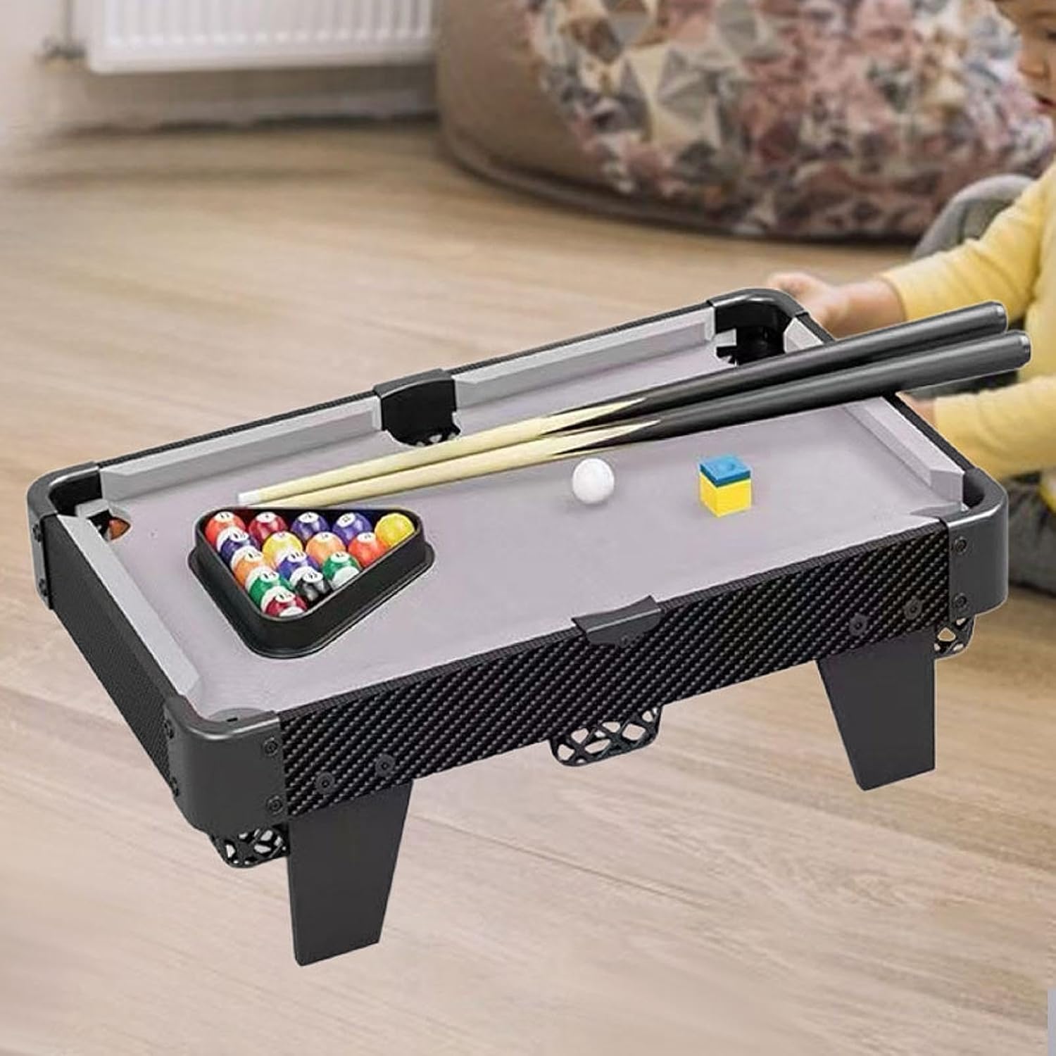 Kids Mini Pool Table Pool Toys Wooden 16 Balls Chalk 2 Cues Desktop Games Billiards Game Table for Boys Office Family Girls