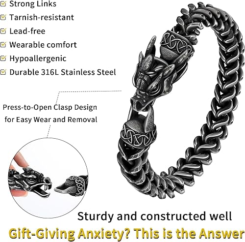 Miniatura 3 de Pulsera de dragón vikingo para hombre, cadena de eslabones cubanos de acero inoxidable 316L, 0.39 pulgadas de ancho, 8 pulgadas de largo, plata
